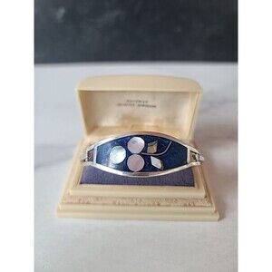 Alpaca Mexico Abalone Shell Enamel Floral Hinged Bangle Bracelet Vintage